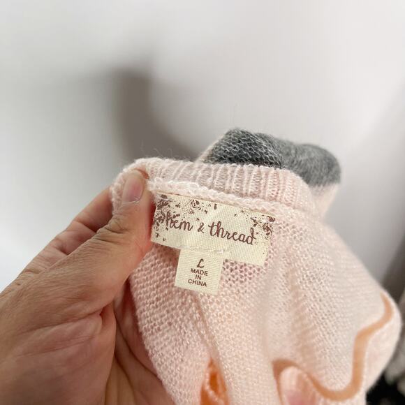 New Hem & Thread Large L Pink Orange Gray Striped Lightweight Sweater Crew Neck - Picture 8 of 10